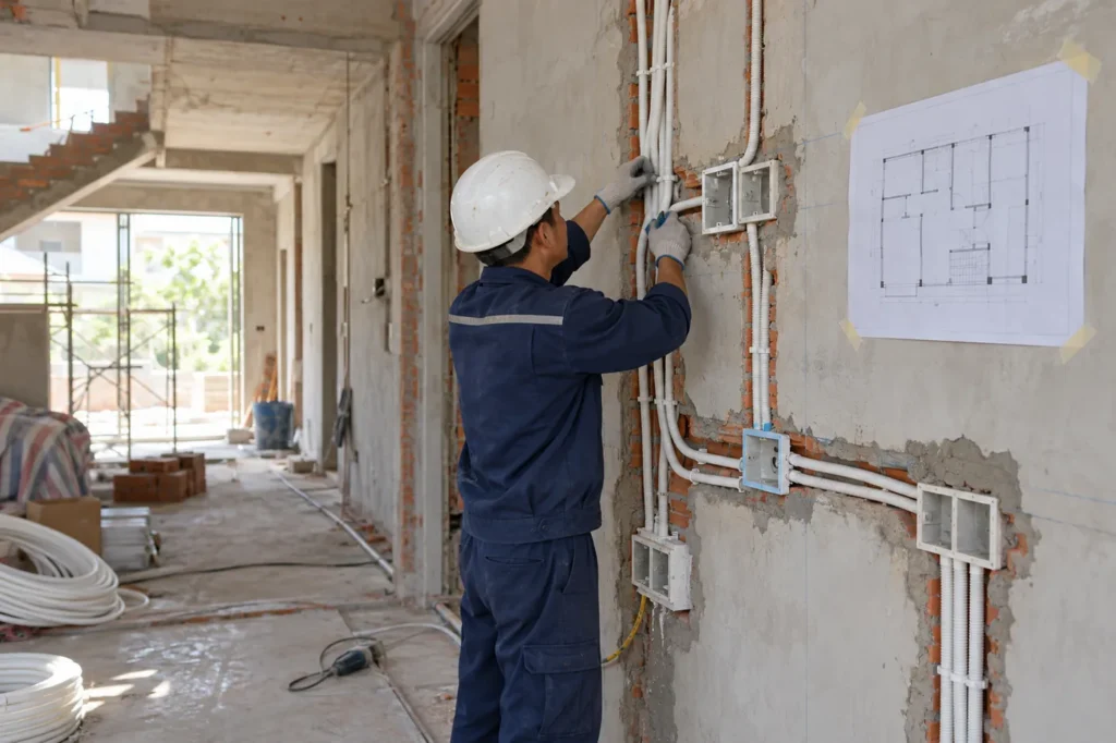 Thợ điện đi ống luồn dây âm tường theo bản vẽ điện