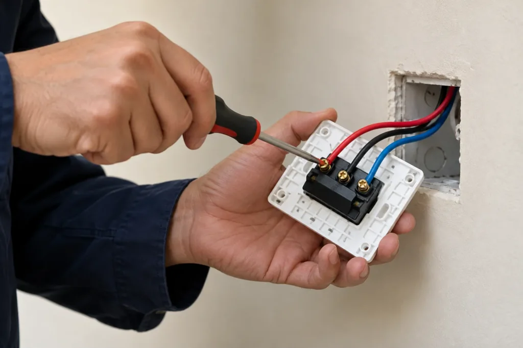 Thợ điện đấu dây vào chân công tắc 2 chiều âm tường