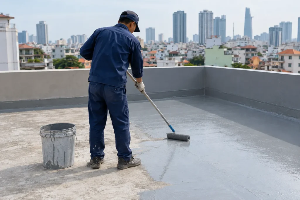 Thợ quét lớp chống thấm trên sân thượng