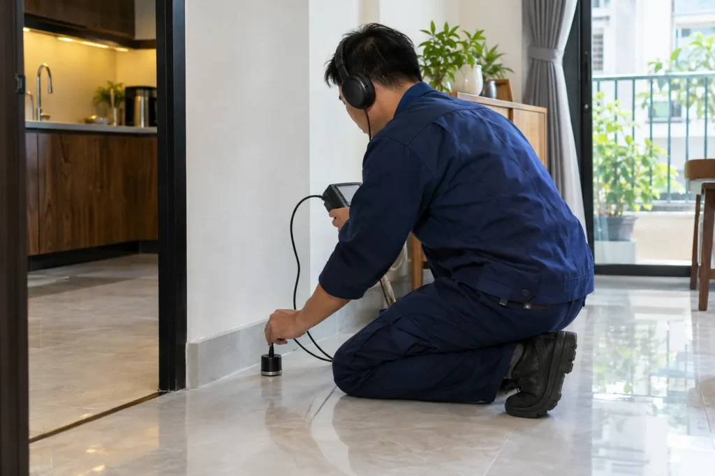 Thợ dùng máy nghe tìm điểm rò rỉ nước dưới sàn