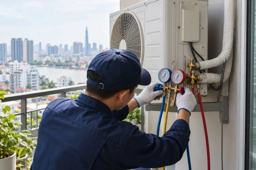 Thợ đo áp suất gas dàn nóng máy lạnh ngoài ban công