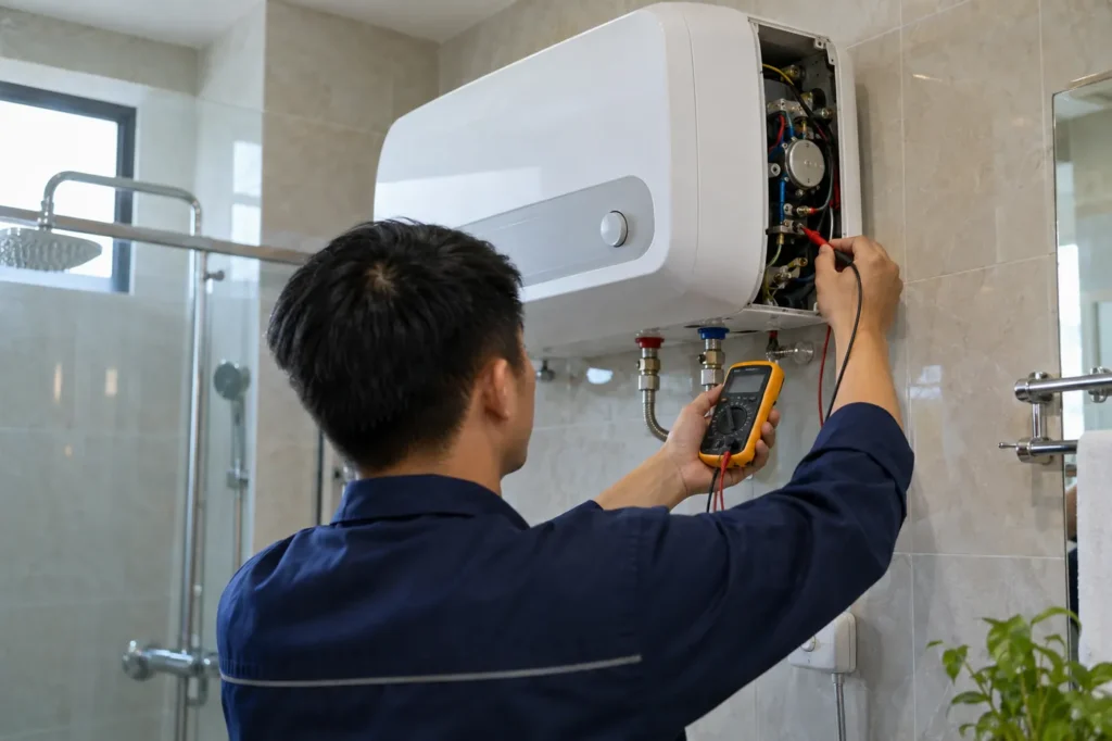Thợ đo điện máy nước nóng treo tường trong phòng tắm