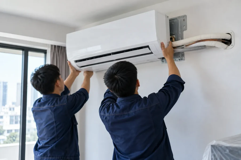 Hai thợ lắp dàn lạnh máy lạnh lên giá đỡ trên tường