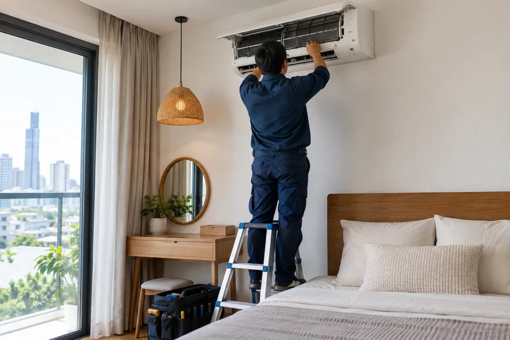 Thợ điện lạnh kiểm tra dàn lạnh máy lạnh treo tường